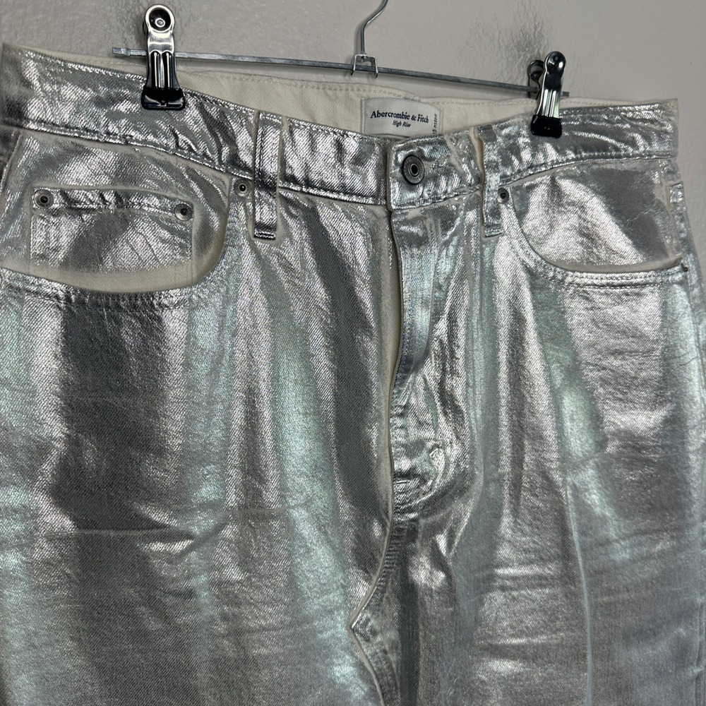 Abercrombie & Fitch High Rise Metallic Silver Coated Denim Midi Skirt 31 / 12 - Picture 7 of 9